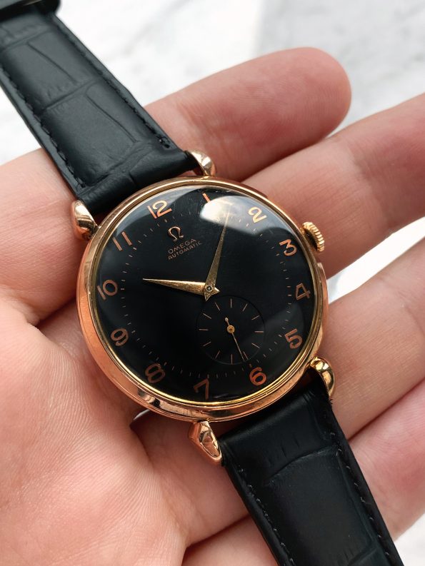 Rose Gold plated Omega 37mm Automatic Bumper restored Black dial teardrop lugs
