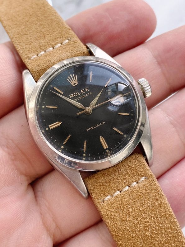 Servicierte Vintage Rolex Oysterdate Precision Schwarzes GILT Ziffernblatt Roulette Datum