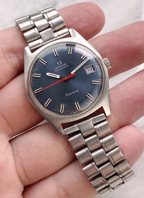Rare Omega Geneve Vintage Blue Dial Red Second Hand Automatic 166041