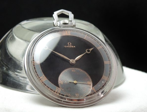 Omega Art Deco Pocket Watch with Black Two Tone Dial