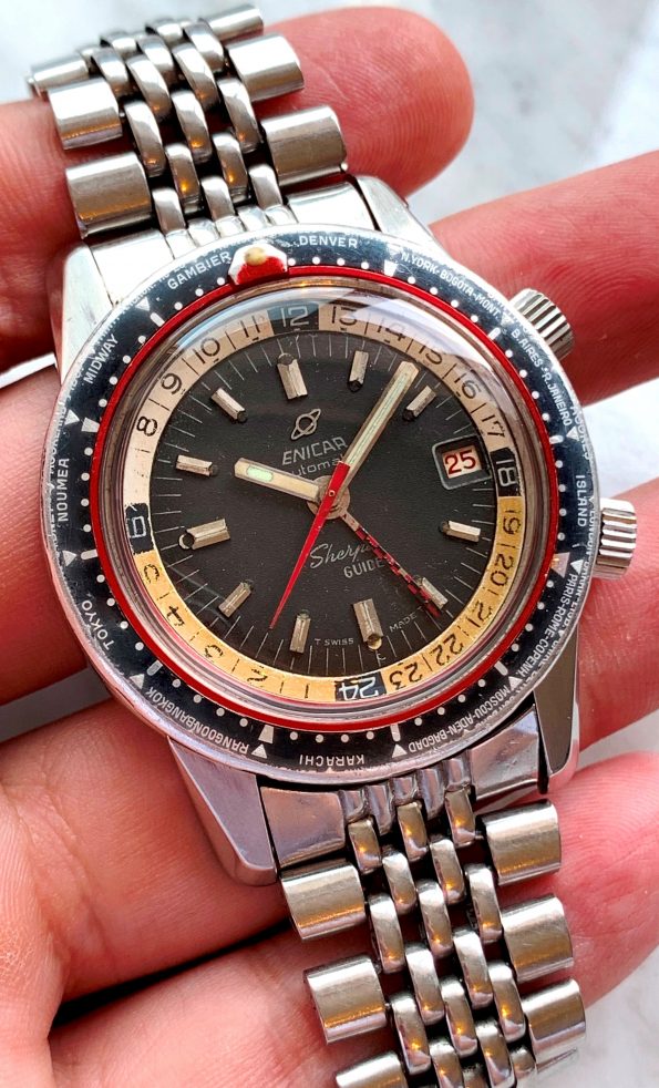 Great Enicar Sherpa Diver Guide GMT Vintage ROULETTE Date