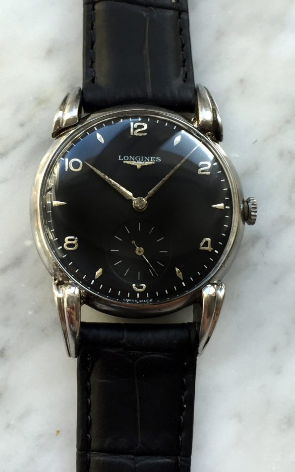 Longines Vintage Black Refurbished Dial and Cow Horn Lugs