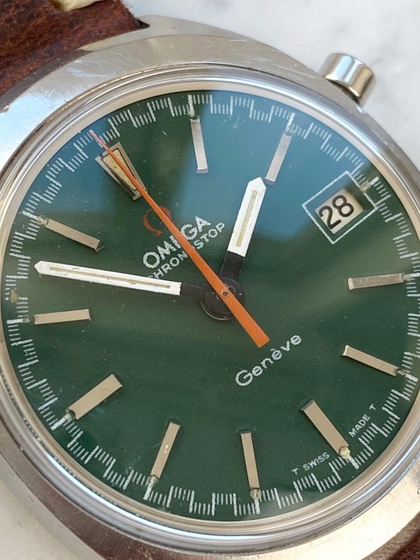 Omega Chronostop Vintage Stahl mit Datum und grünem Ziffernblatt