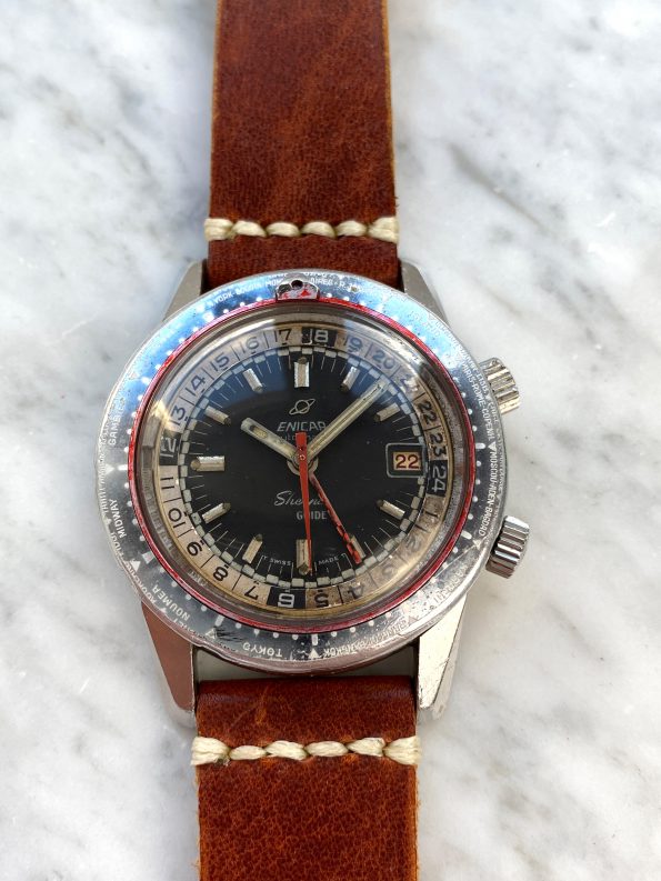 Serviced Great Enicar Sherpa 600 Diver Guide GMT Vintage ROULETTE Date GHOST Bezel