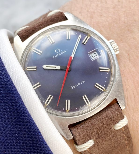 Omega Geneve Vintage Handaufzug Blaues Ziffernblatt Roter Sekundenzeiger