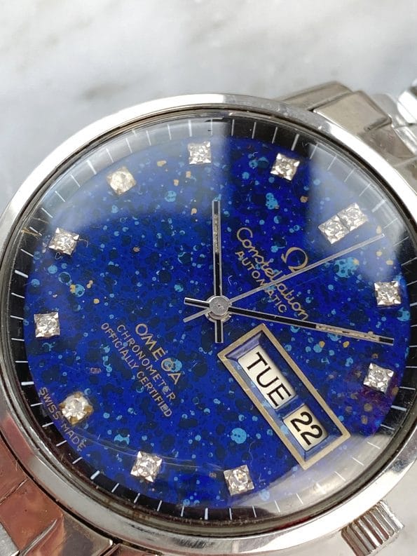 Extrem seltene Omega Constellation Vintage Day Date Lapislazuli Ziffernblatt und Diamantenindizen