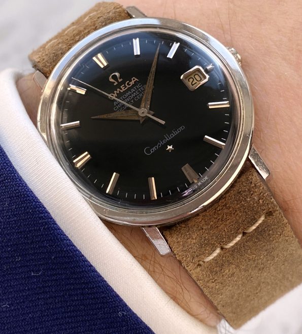 Original PAPERS Vintage Omega Constellation Automatic Chronometer Black Restored Dial 168004