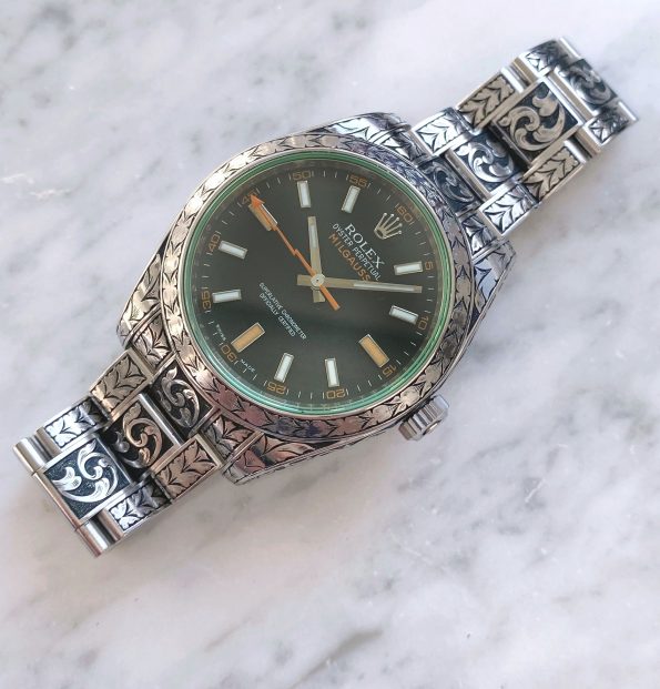 Hand Engraved Rolex Milgauss with green Glas Full Set Customised 116400GV