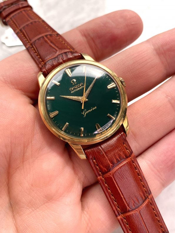Solid Gold Omega Geneve Vintage Automatic Automatik Custom Green Dial 14702