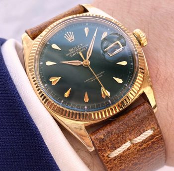 Roulette Date Vintage Rolex Datejust Solid 18ct Gold Customised Green Dial Automatic ref 6605
