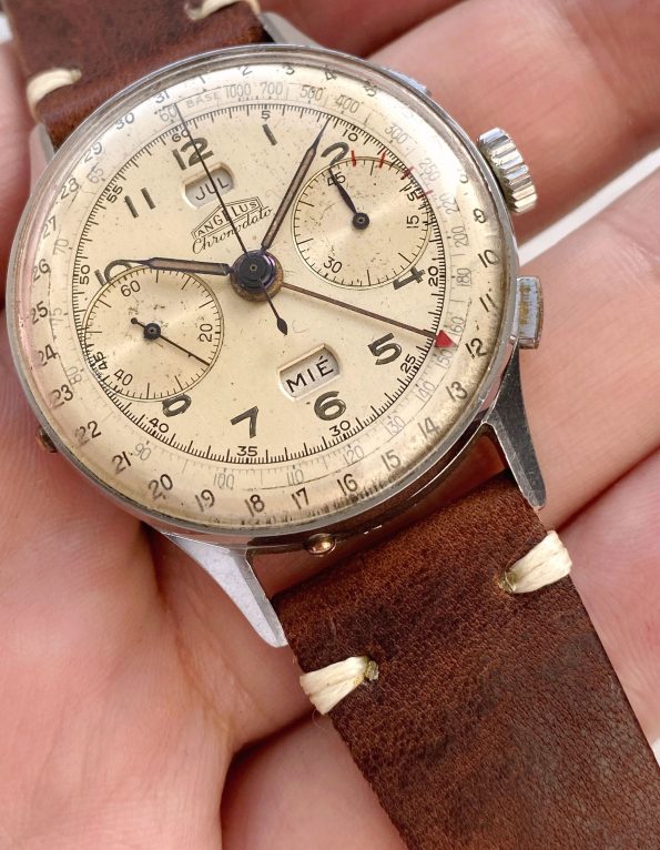 Rare Angelus Chronodato Vintage Triple Date Chronograph Cream Dial