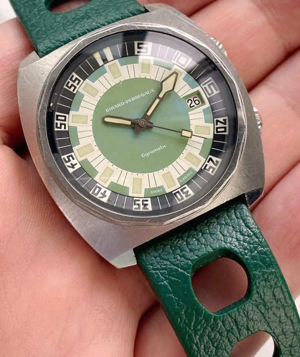 Rare Girard Perregaux Gyromatic Green Deep Diver 40mm with period correct Tropic strap