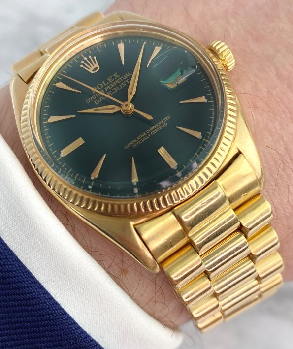 Vintage 50ties Rolex Datejust 6605 18ct Solid Gold Custom Green Money Dial Automatic